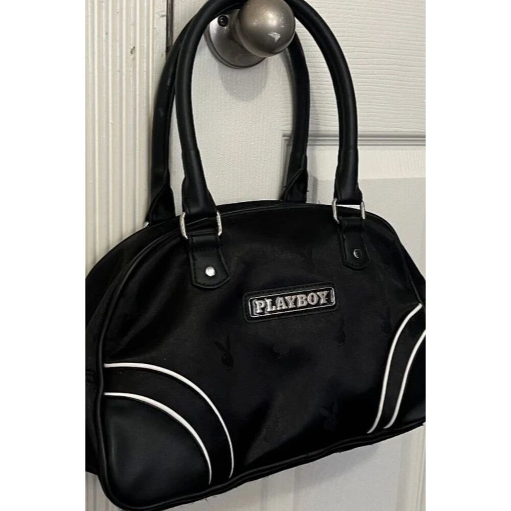 Vintage Playboy Black Bowler Bag White Piping Y2K Mini Purse Handbag